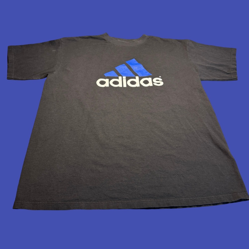 Vintage Adidas T Shirt Large Black Blue Big Logo USA Y2K Graphic Cotton